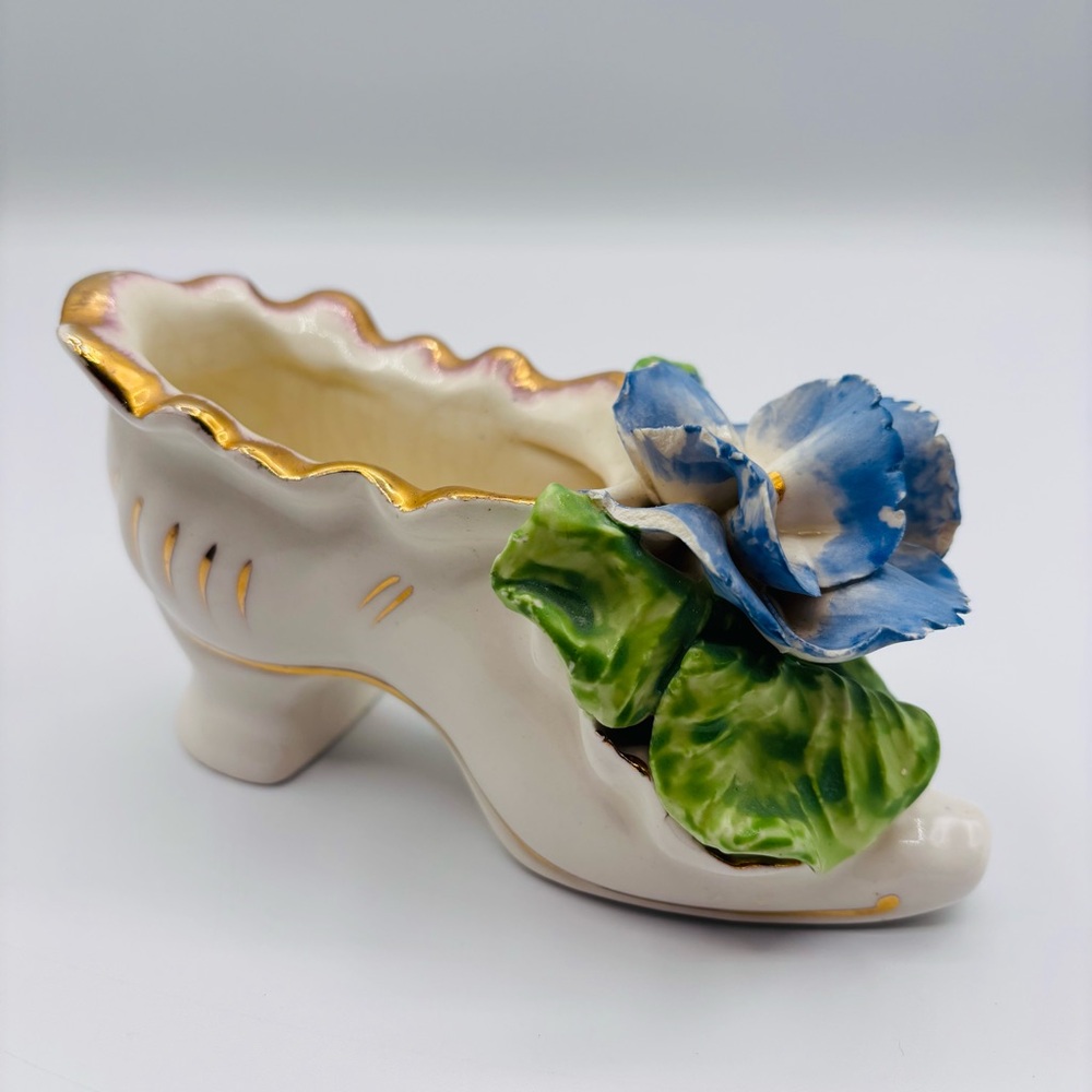 SOLD-Elegant Ceramic Shoe with Blue and Green Floral